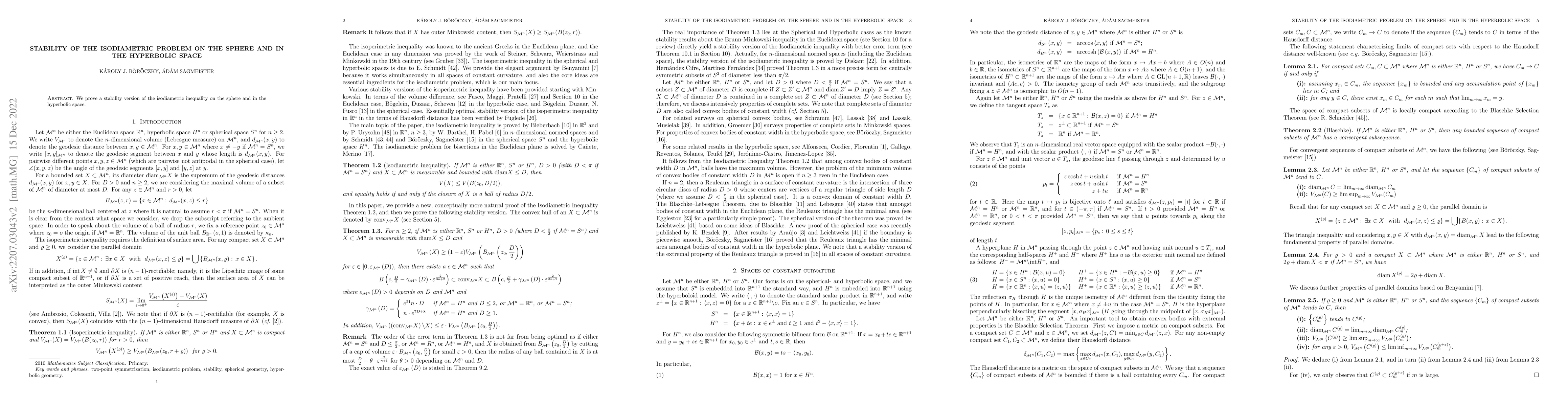 Thumbnail for Stability of the isodiametric problem on the sphere and in the
  hyperbolic space