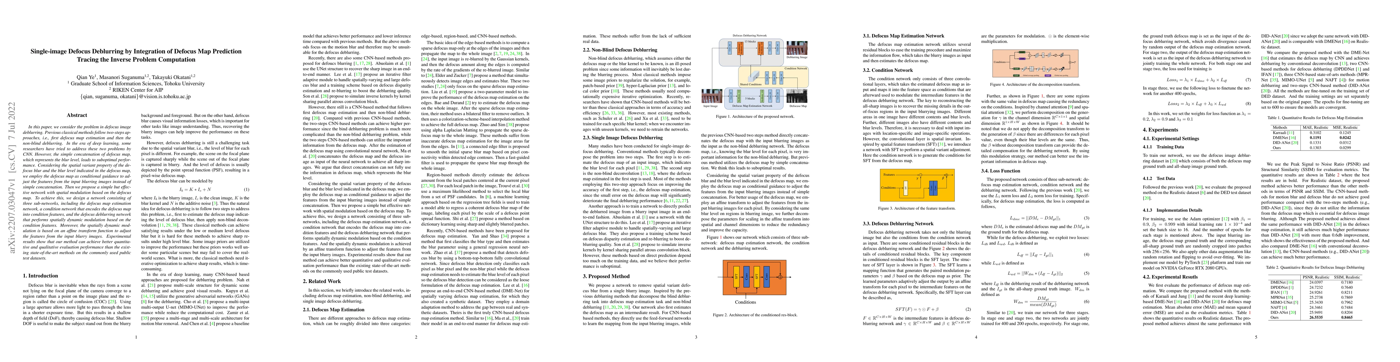 Thumbnail for Single-image Defocus Deblurring by Integration of Defocus Map Prediction
  Tracing the Inverse Problem Computation