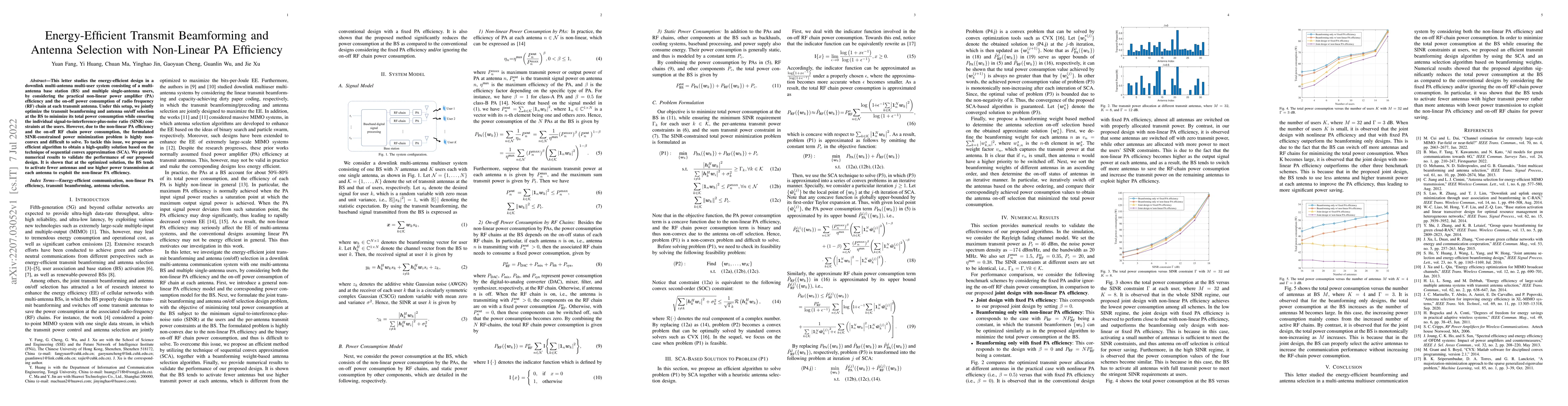 Thumbnail for Energy-Efficient Transmit Beamforming and Antenna Selection with
  Non-Linear PA Efficiency