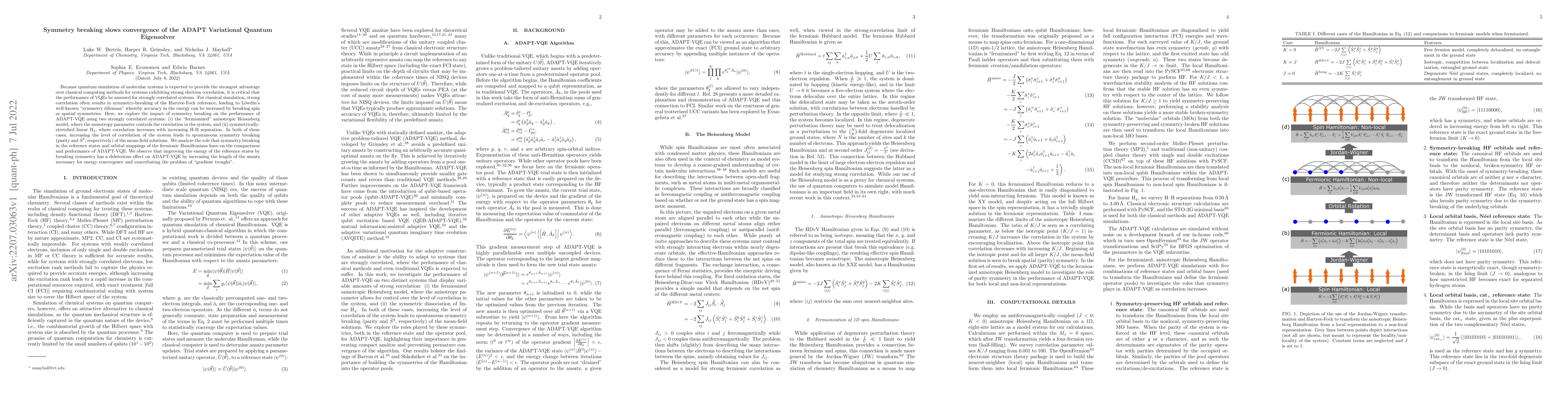 Thumbnail for Symmetry breaking slows convergence of the ADAPT Variational Quantum
  Eigensolver