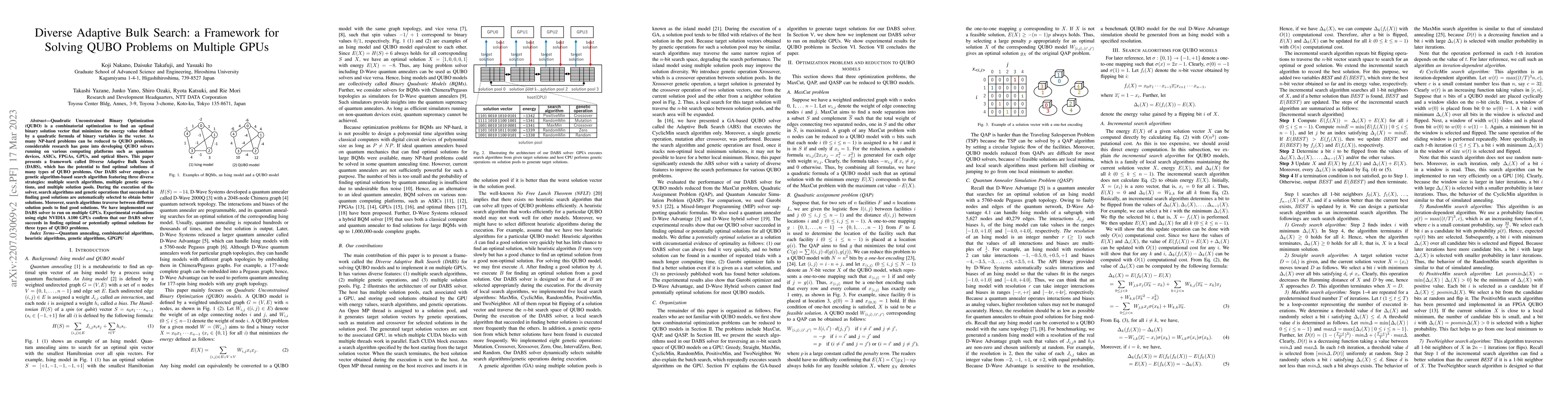Thumbnail for Diverse Adaptive Bulk Search: a Framework for Solving QUBO Problems on
  Multiple GPUs