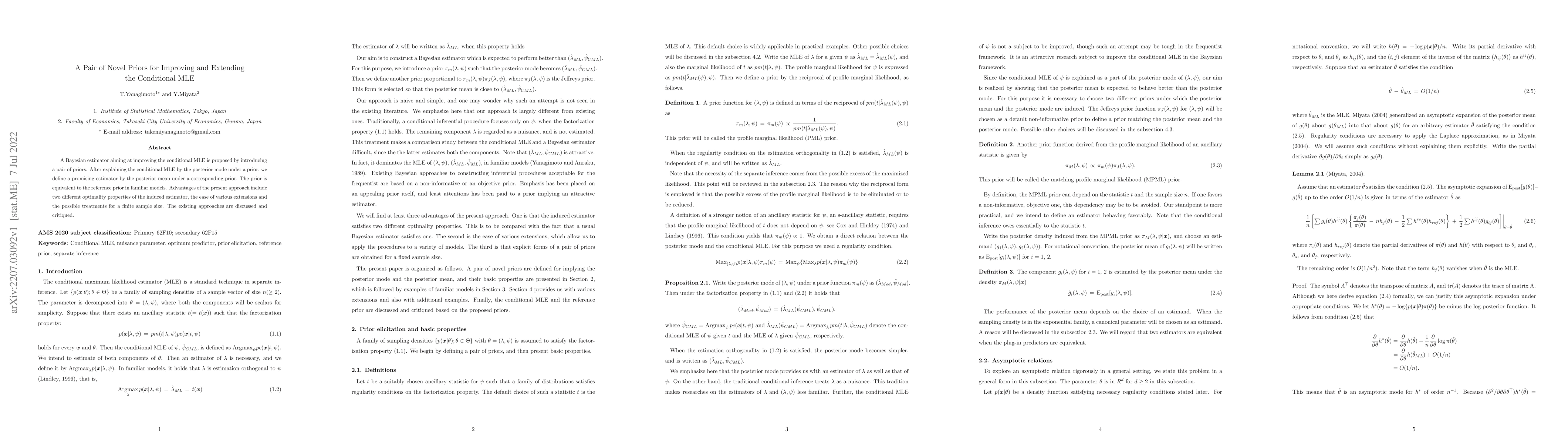 Thumbnail for A Pair of Novel Priors for Improving and Extending the Conditional MLE