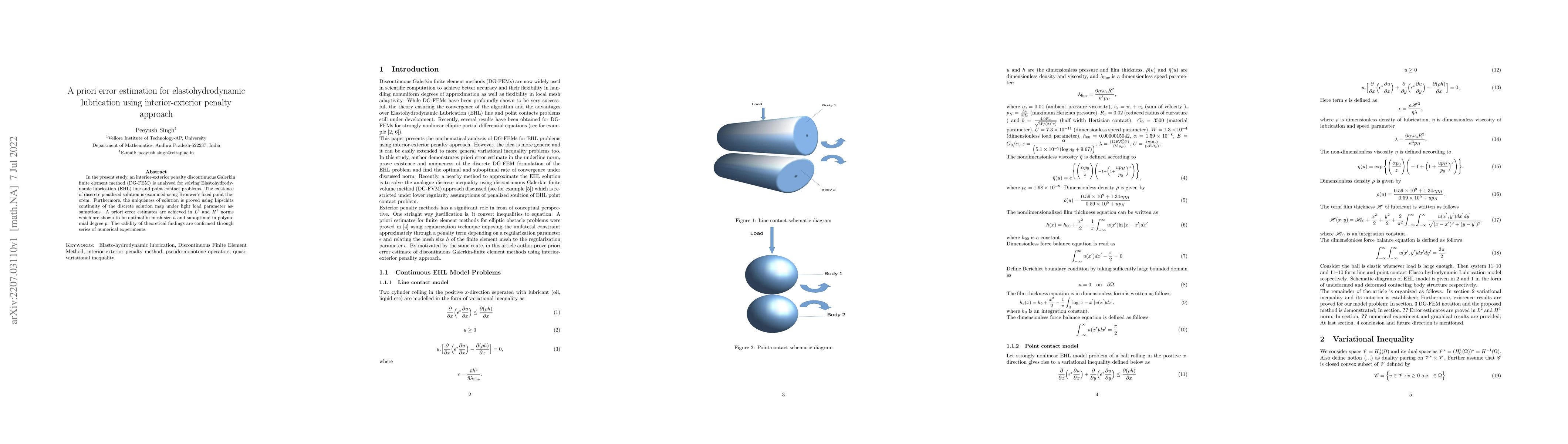 Thumbnail for A priori error estimation for elasto-hydrodynamic lubrication using
  interior-exterior penalty approach