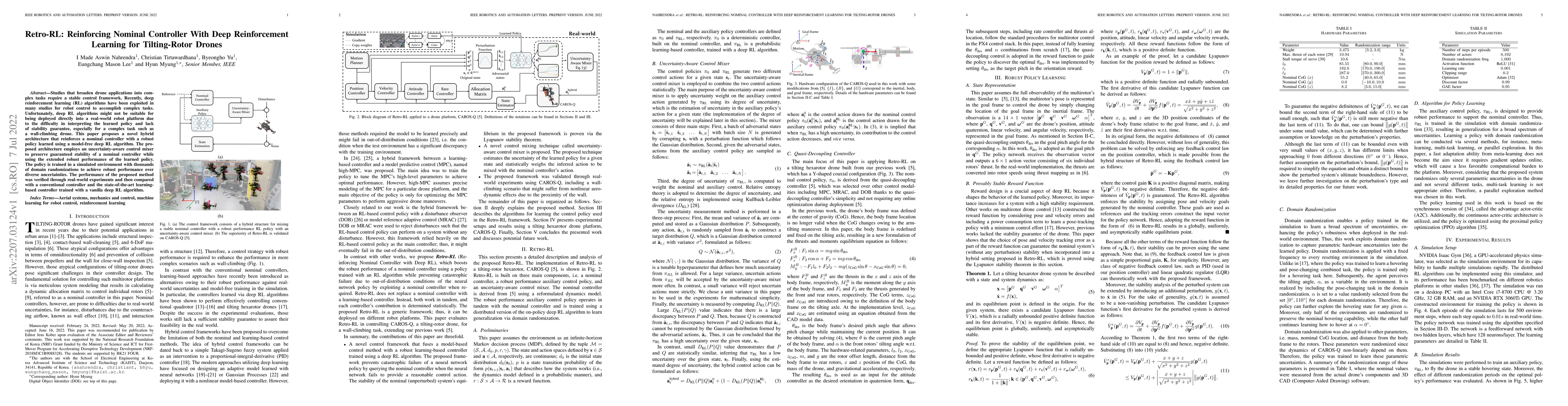 Thumbnail for Retro-RL: Reinforcing Nominal Controller With Deep Reinforcement
  Learning for Tilting-Rotor Drones
