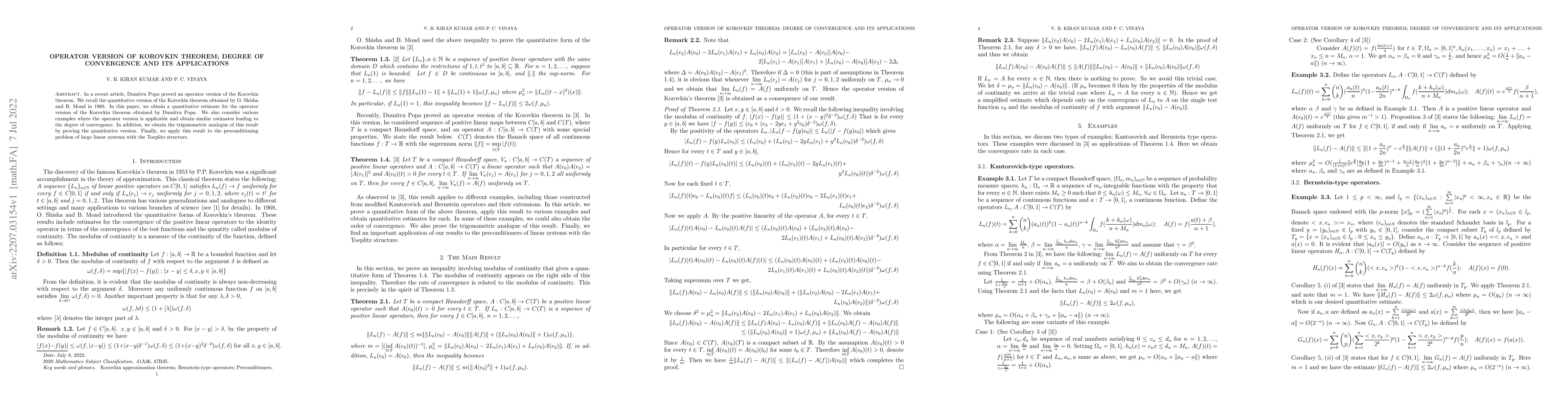 Thumbnail for Operator version of Korovkin Theorem; Degree of Convergence and its
  Applications
