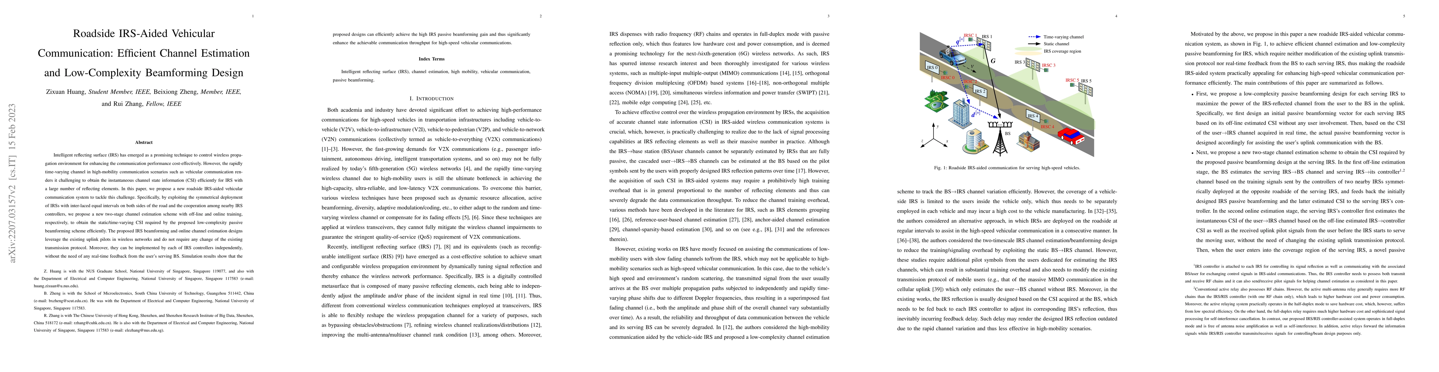 Thumbnail for Roadside IRS-Aided Vehicular Communication: Efficient Channel Estimation
  and Low-Complexity Beamforming Design