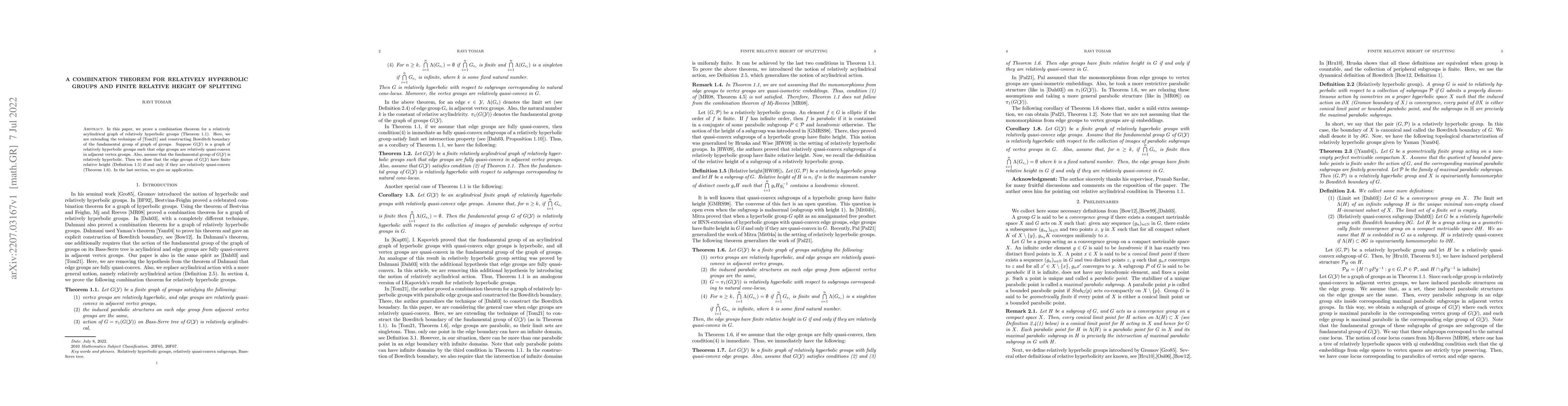 Thumbnail for A combination theorem for relatively hyperbolic groups and finite
  relative height of splitting