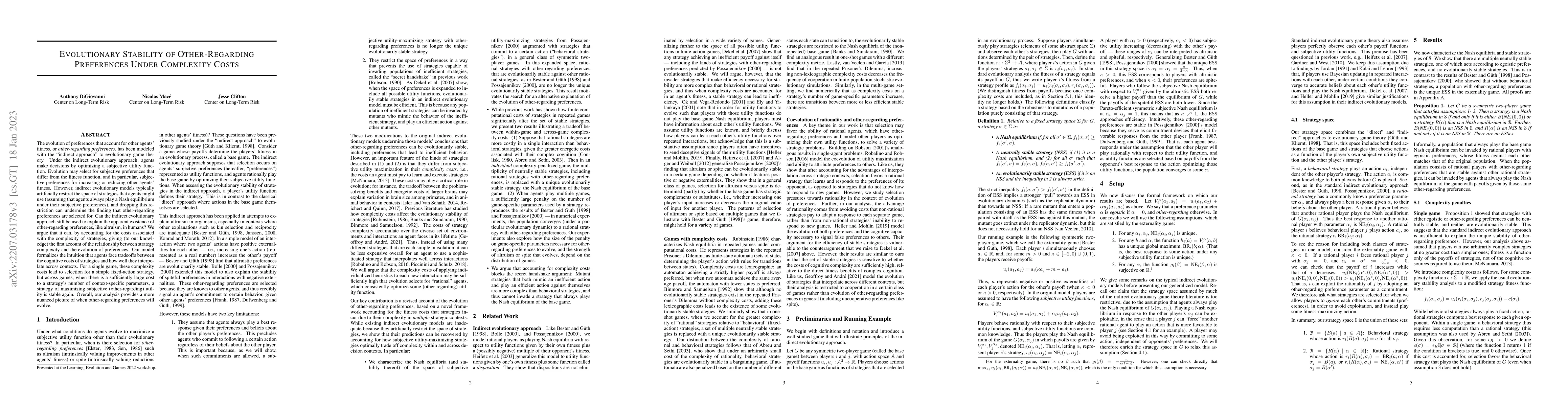 Thumbnail for Evolutionary Stability of Other-Regarding Preferences Under Complexity
  Costs