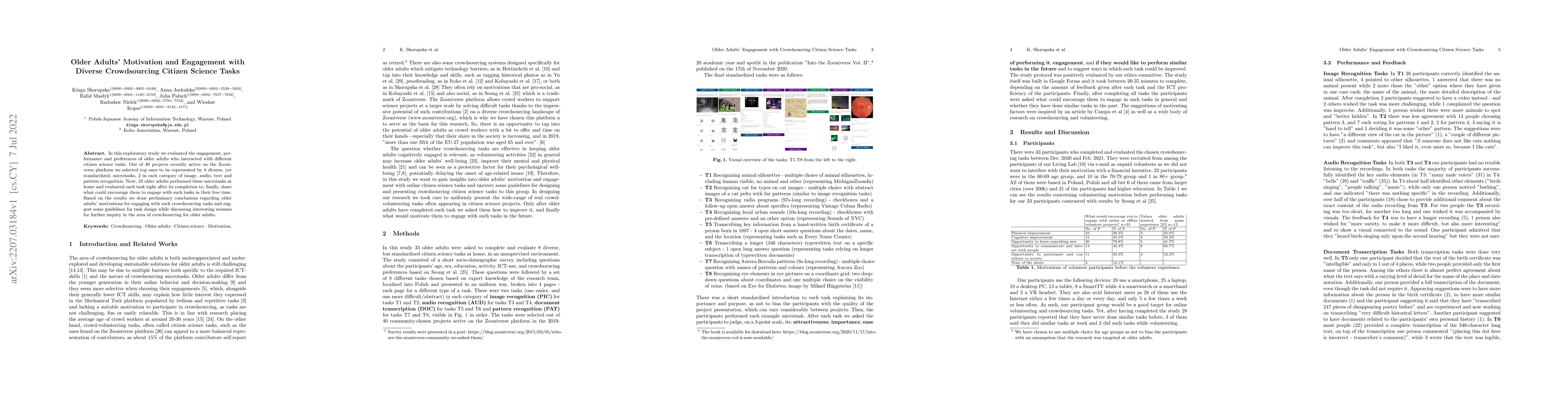 Thumbnail for Older Adults' Motivation and Engagement with Diverse Crowdsourcing
  Citizen Science Tasks