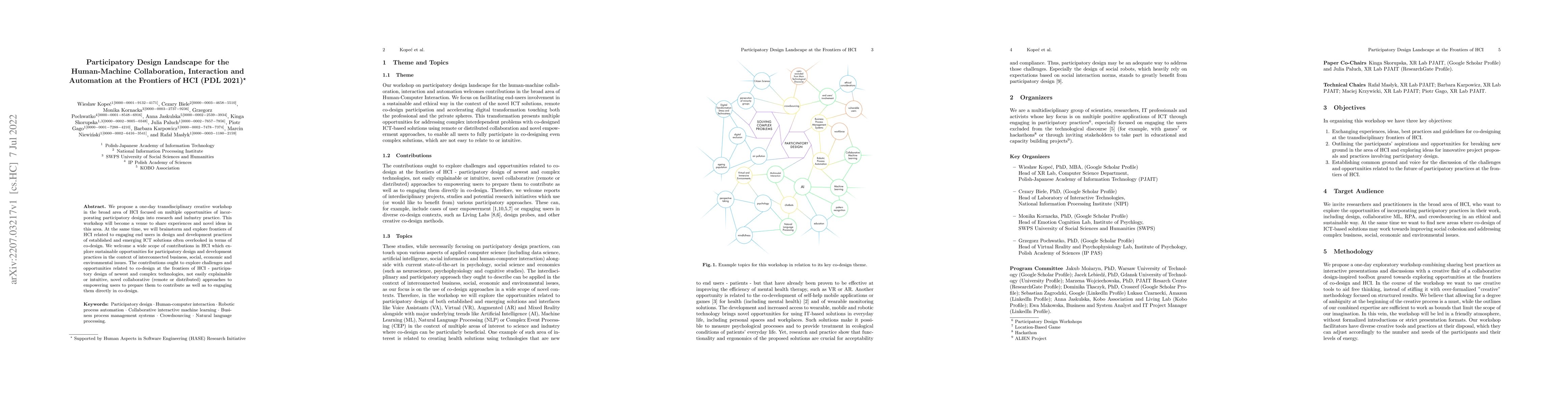 Thumbnail for Participatory Design Landscape for the Human-Machine Collaboration,
  Interaction and Automation at the Frontiers of HCI (PDL 2021)