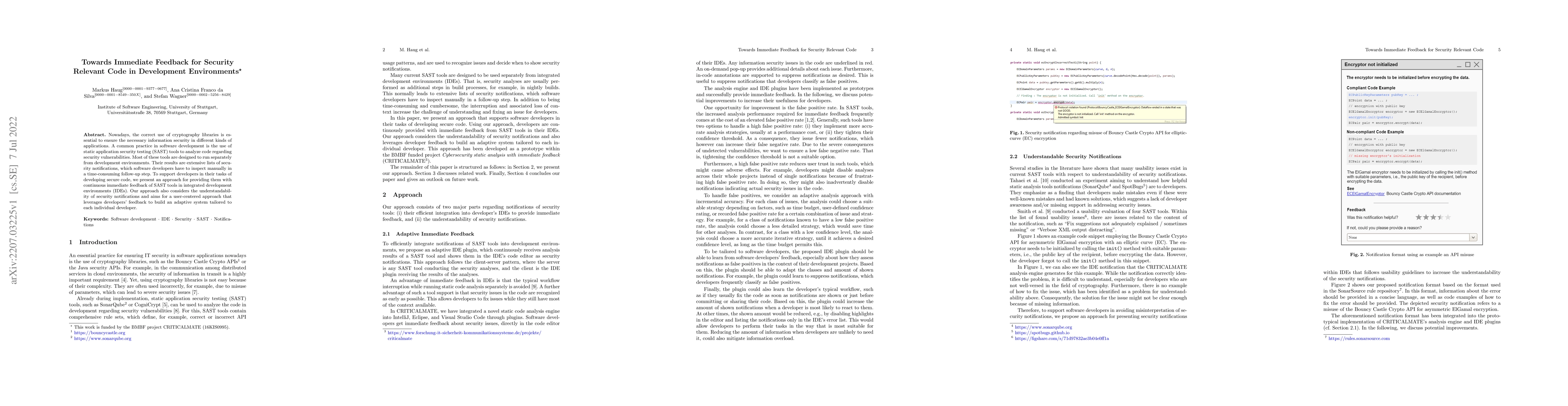 Thumbnail for Towards Immediate Feedback for Security Relevant Code in Development
  Environments