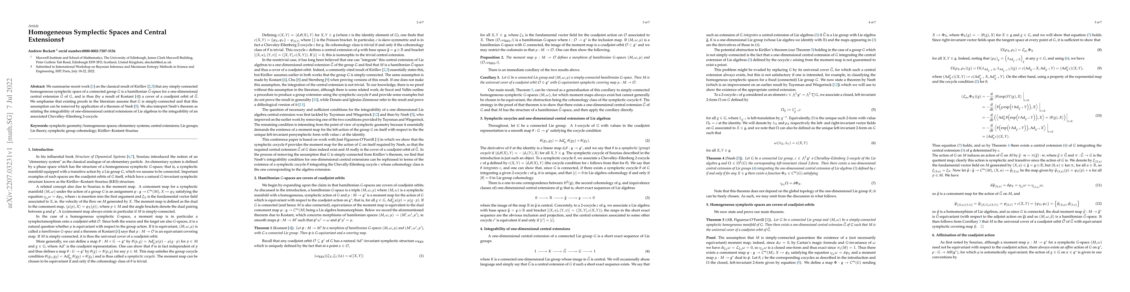 Thumbnail for Homogeneous Symplectic Spaces and Central Extensions