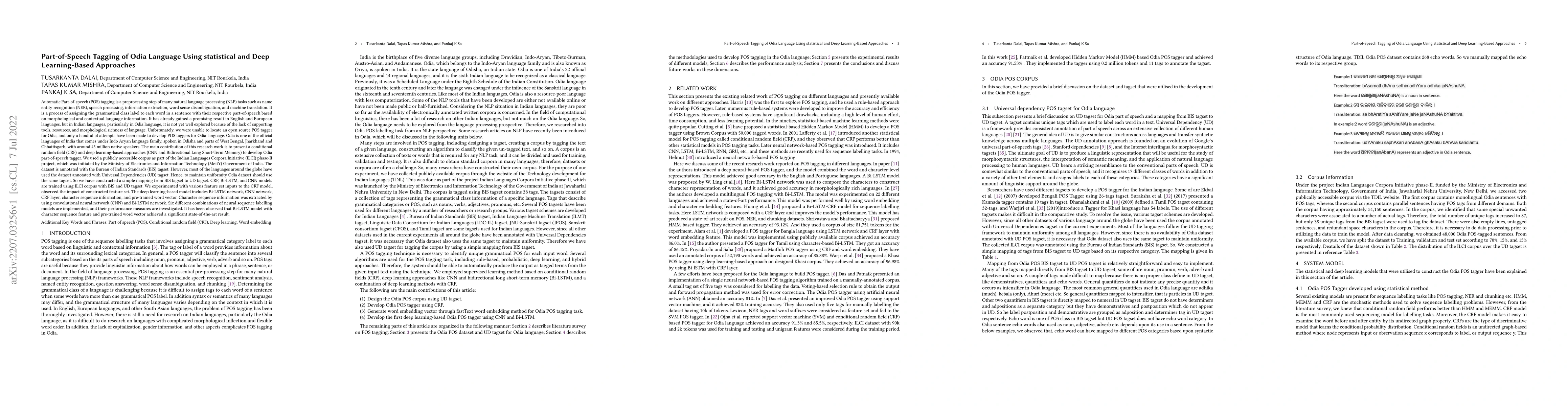 Thumbnail for Part-of-Speech Tagging of Odia Language Using statistical and Deep
  Learning-Based Approaches