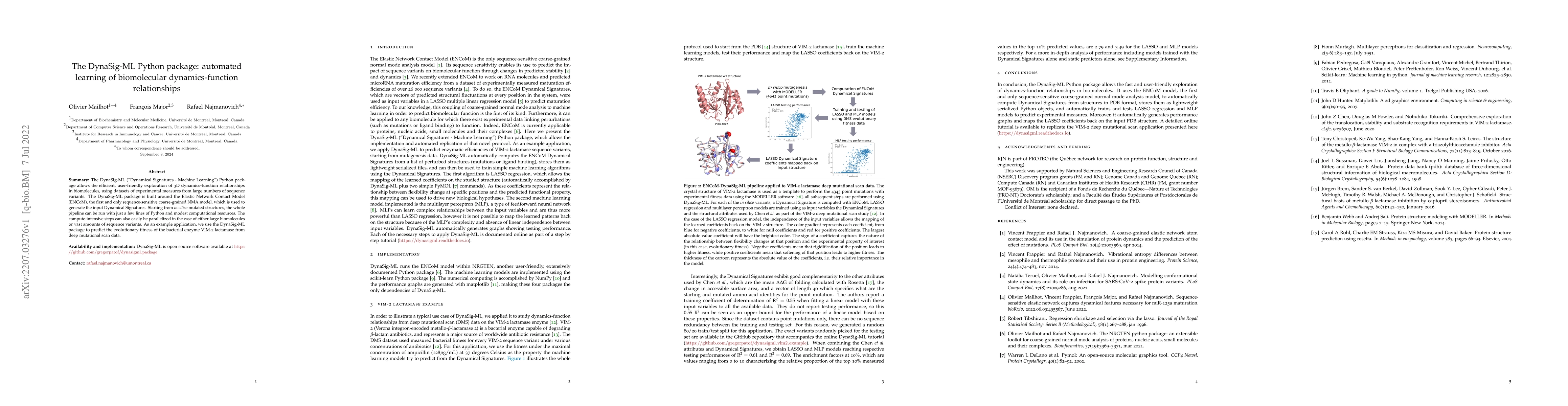 Thumbnail for The DynaSig-ML Python package: automated learning of biomolecular
  dynamics-function relationships