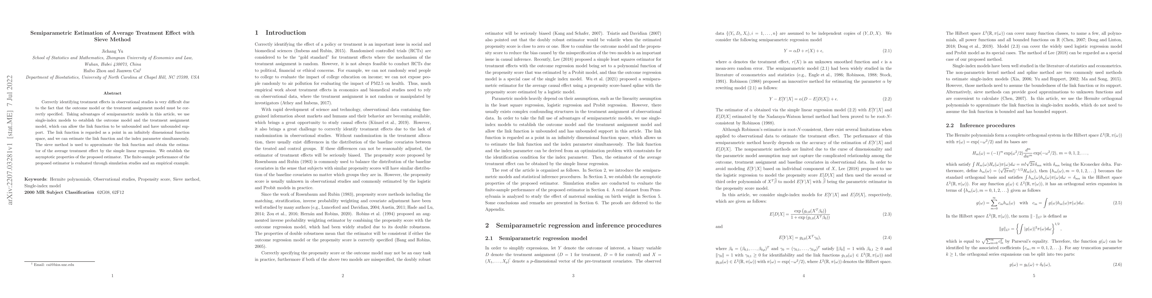 Thumbnail for Semiparametric Estimation of Average Treatment Effect with Sieve Method