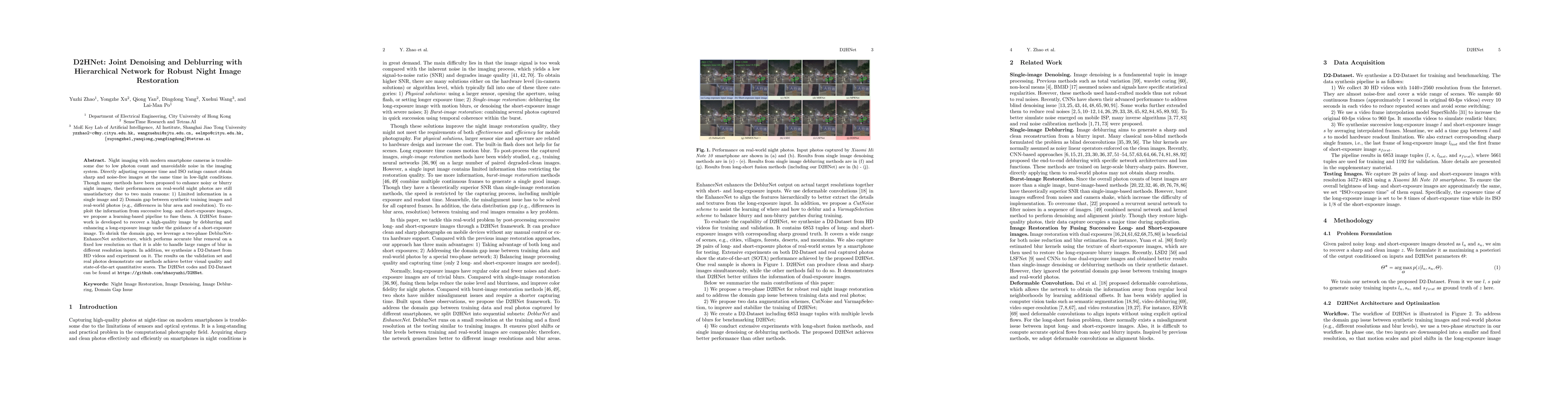 Thumbnail for D2HNet: Joint Denoising and Deblurring with Hierarchical Network for
  Robust Night Image Restoration