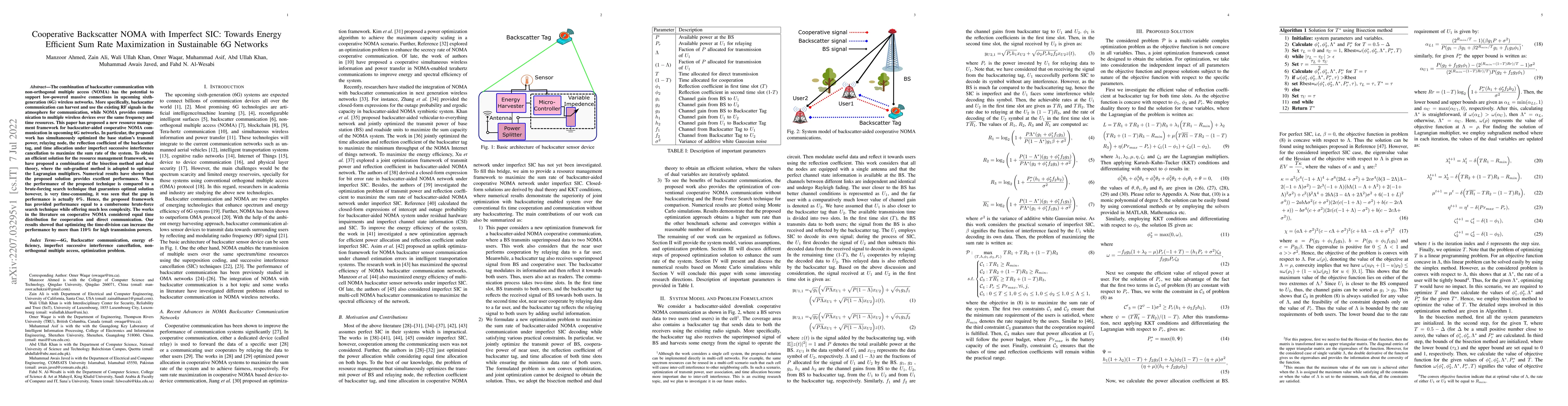 Thumbnail for Cooperative Backscatter NOMA with Imperfect SIC: Towards Energy
  Efficient Sum Rate Maximization in Sustainable 6G Networks