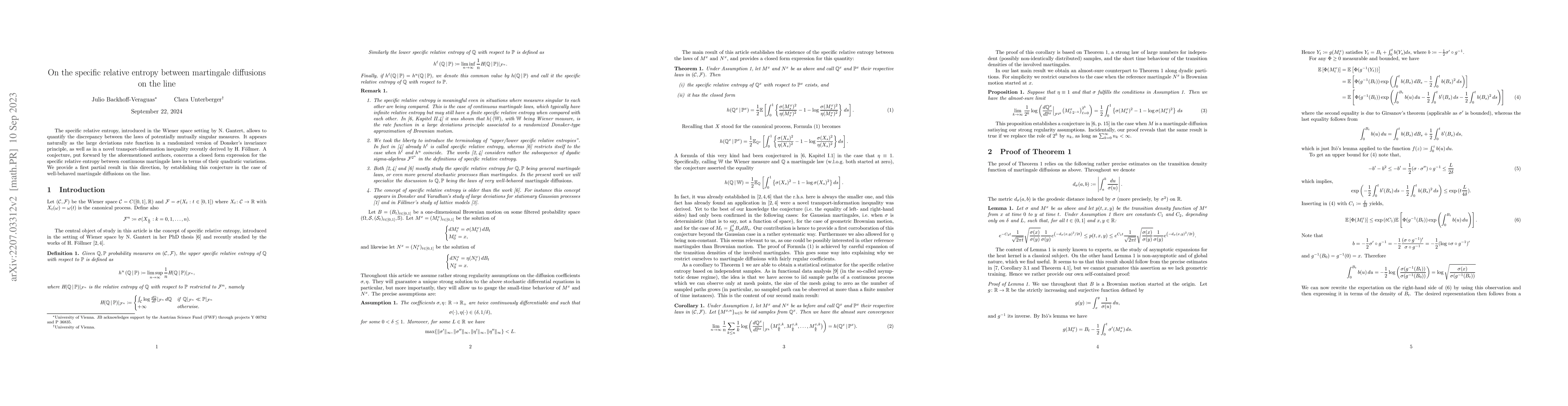 Thumbnail for On the specific relative entropy between martingale diffusions on the
  line