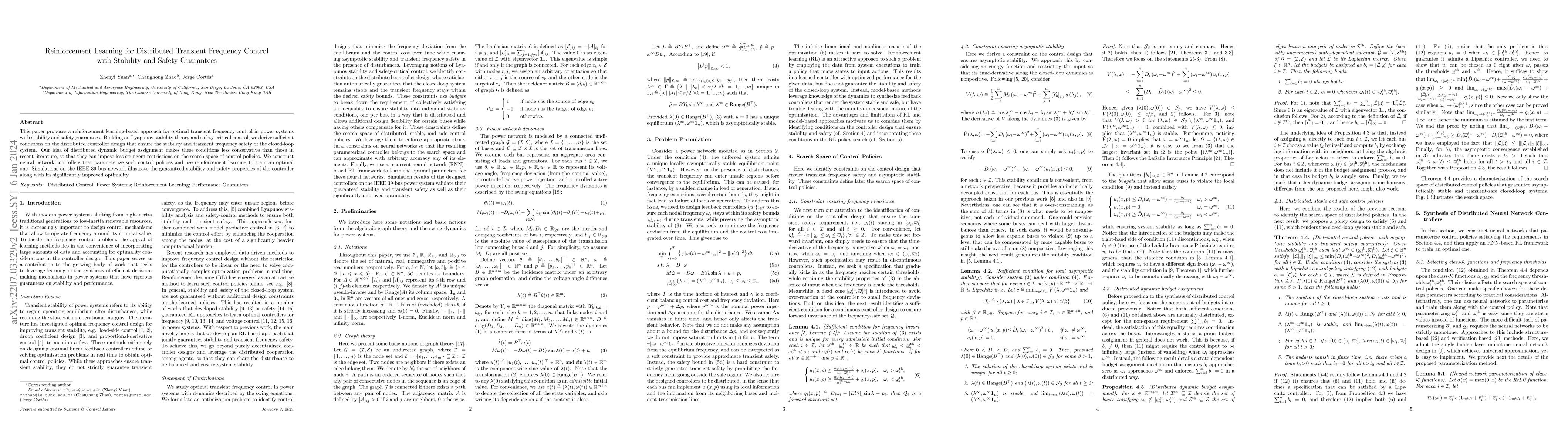 Thumbnail for Reinforcement Learning for Distributed Transient Frequency Control with
  Stability and Safety Guarantees
