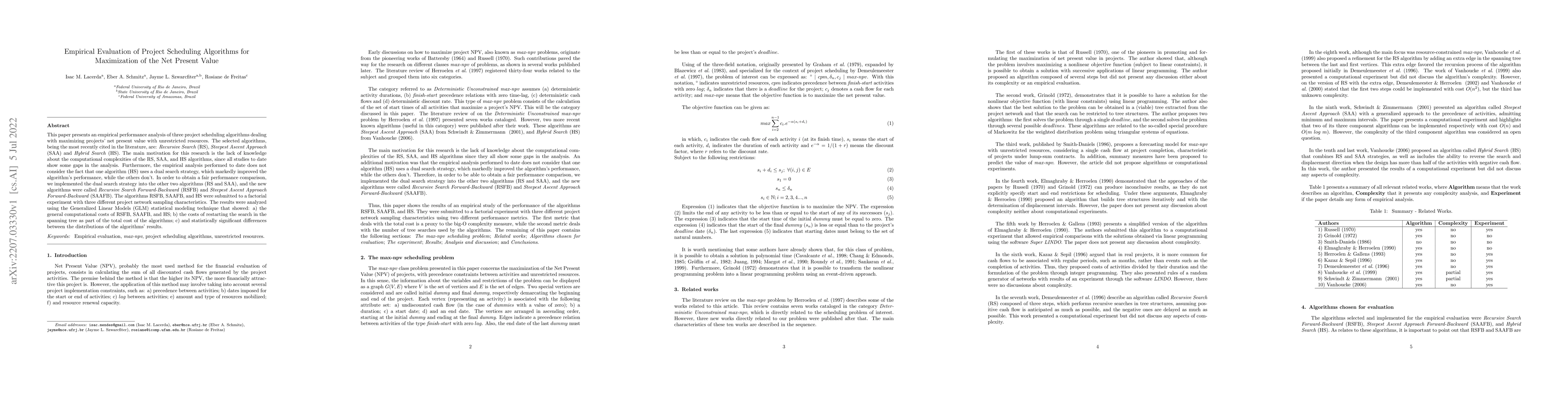 Thumbnail for Empirical Evaluation of Project Scheduling Algorithms for Maximization
  of the Net Present Value