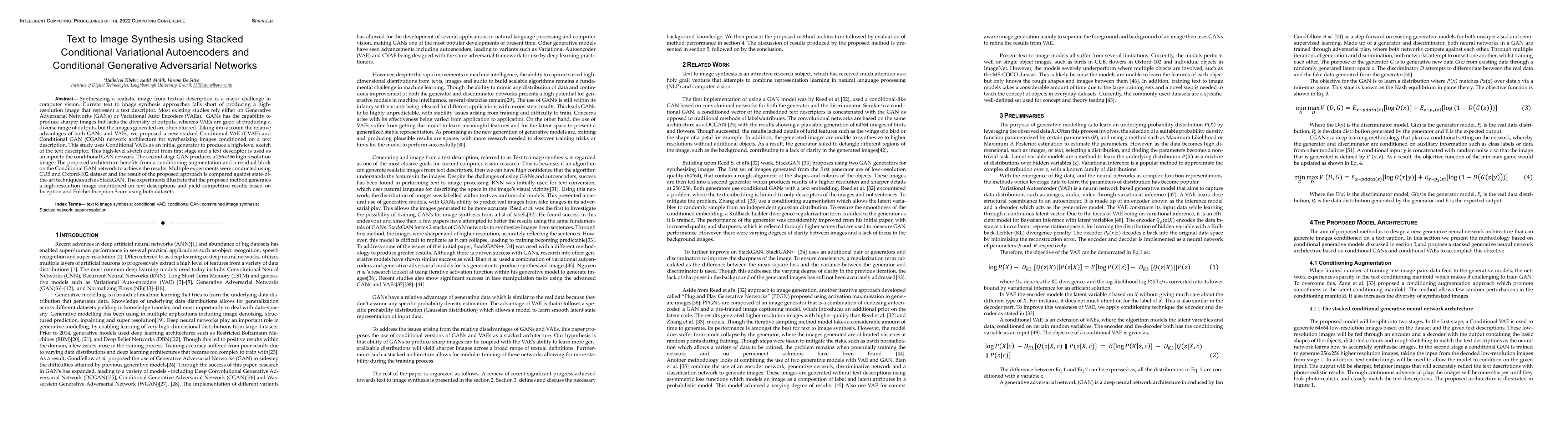 Thumbnail for Text to Image Synthesis using Stacked Conditional Variational
  Autoencoders and Conditional Generative Adversarial Networks