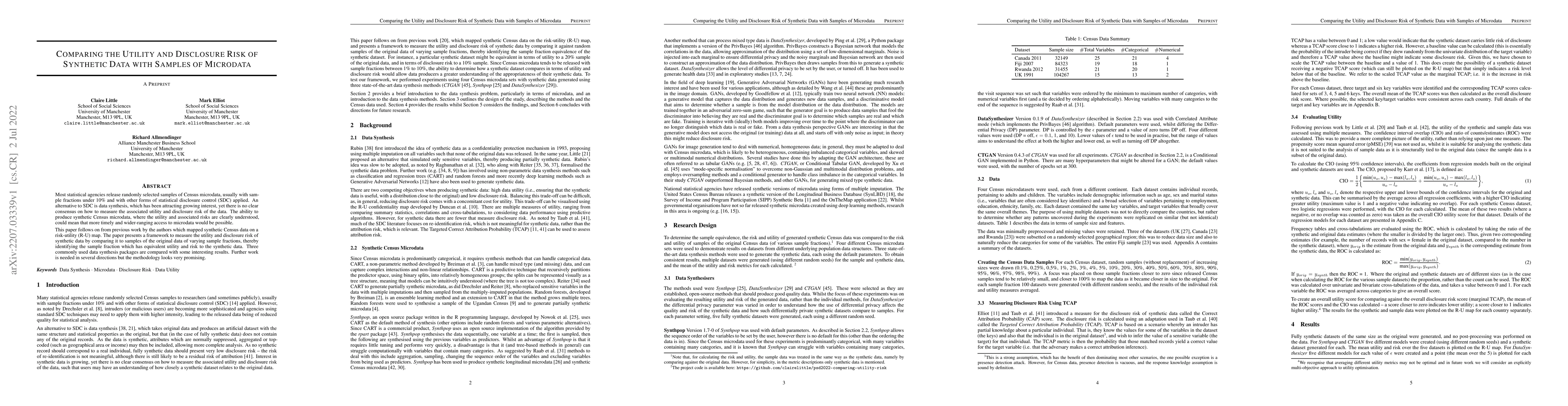 Thumbnail for Comparing the Utility and Disclosure Risk of Synthetic Data with Samples
  of Microdata