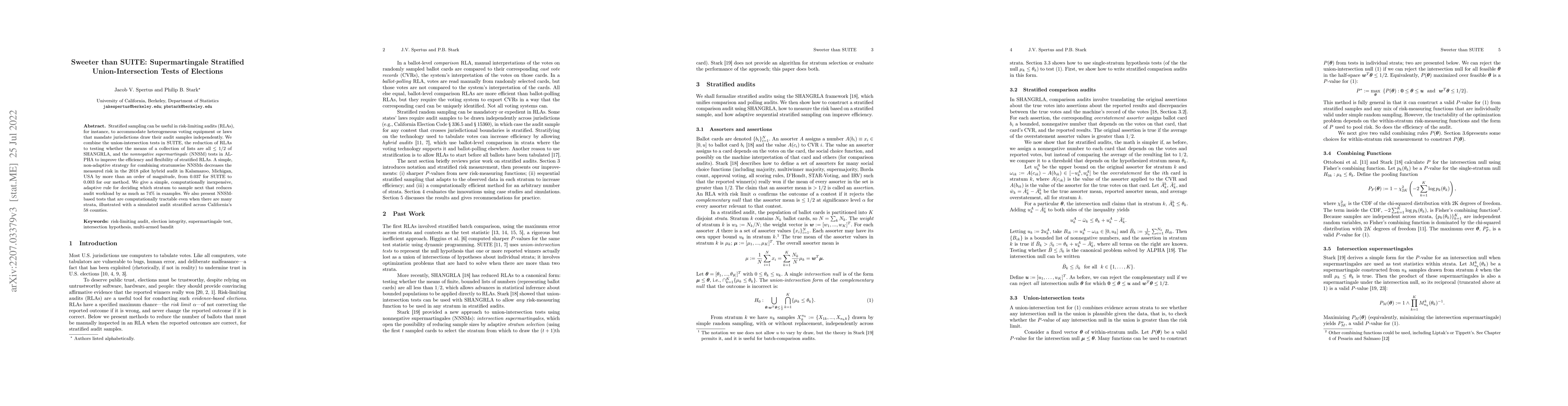 Thumbnail for Sweeter than SUITE: Supermartingale Stratified Union-Intersection Tests
  of Elections