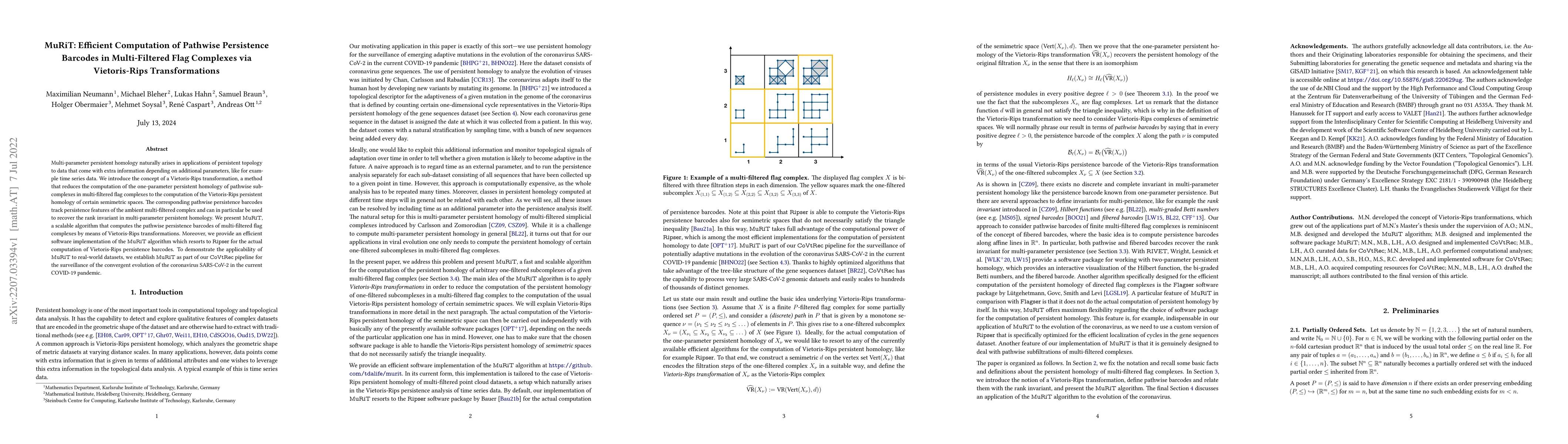 Thumbnail for MuRiT: Efficient Computation of Pathwise Persistence Barcodes in
  Multi-Filtered Flag Complexes via Vietoris-Rips Transformations