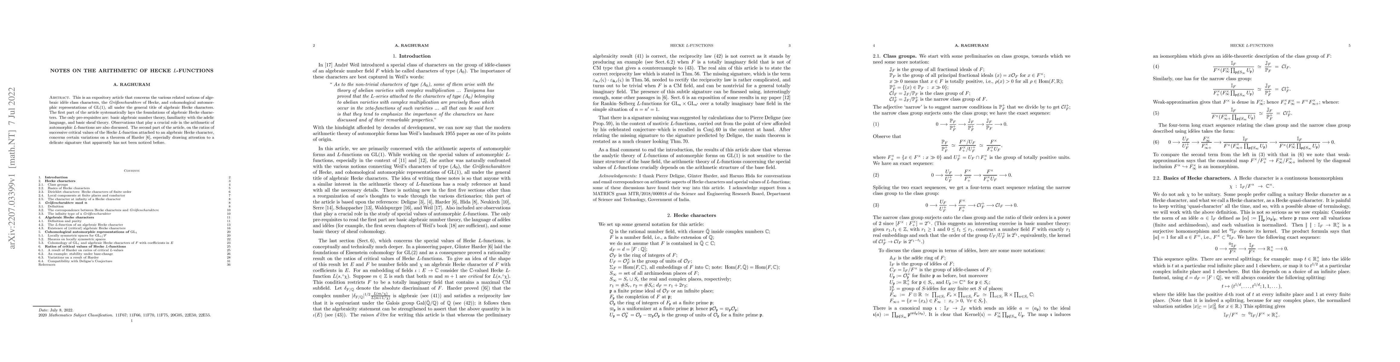 Thumbnail for Notes on the arithmetic of Hecke L-functions
