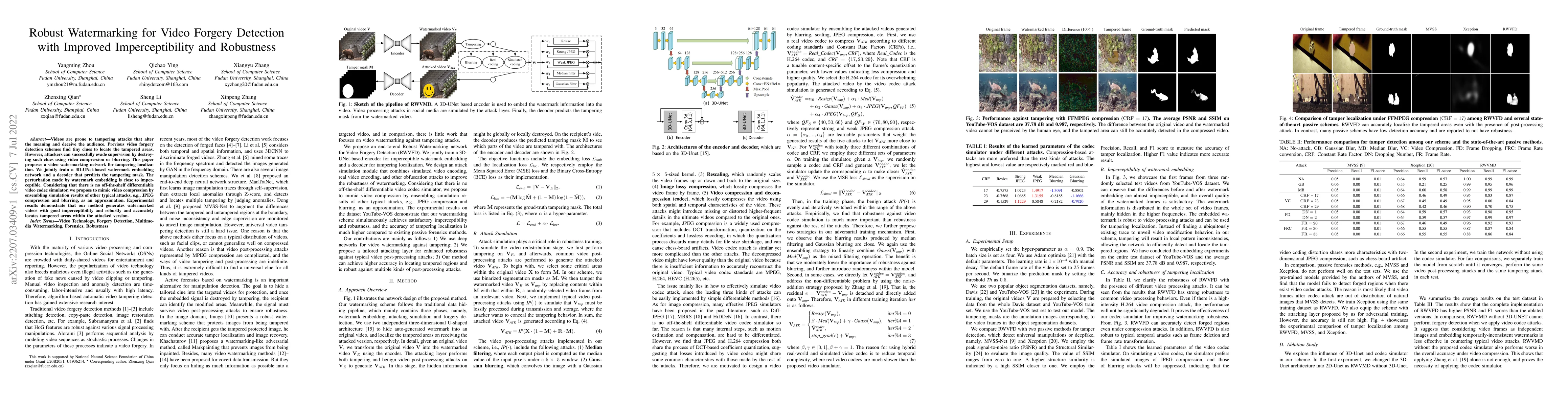 Thumbnail for Robust Watermarking for Video Forgery Detection with Improved
  Imperceptibility and Robustness