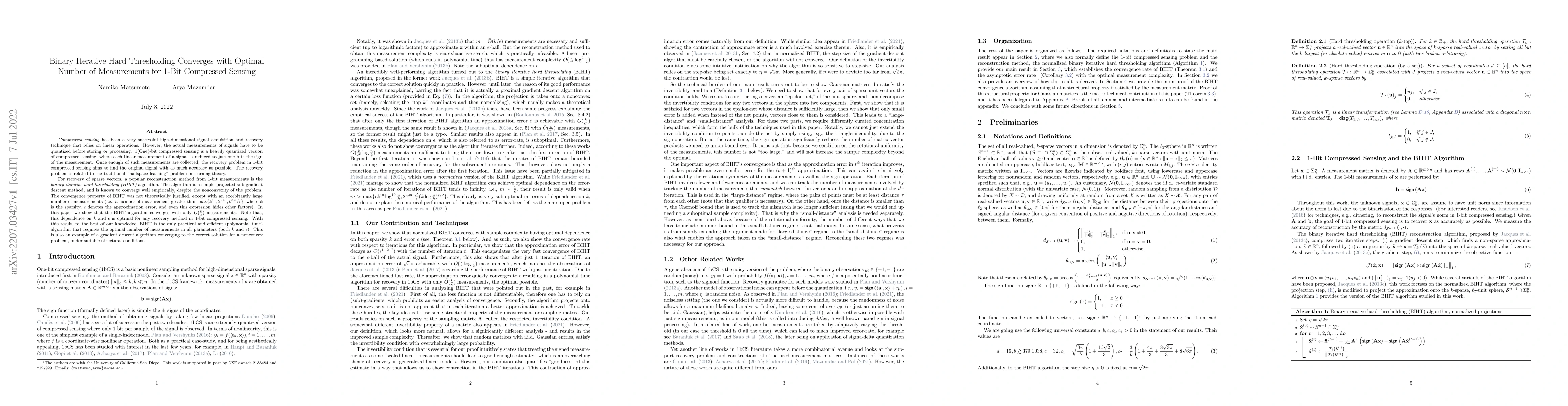 Thumbnail for Binary Iterative Hard Thresholding Converges with Optimal Number of
  Measurements for 1-Bit Compressed Sensing