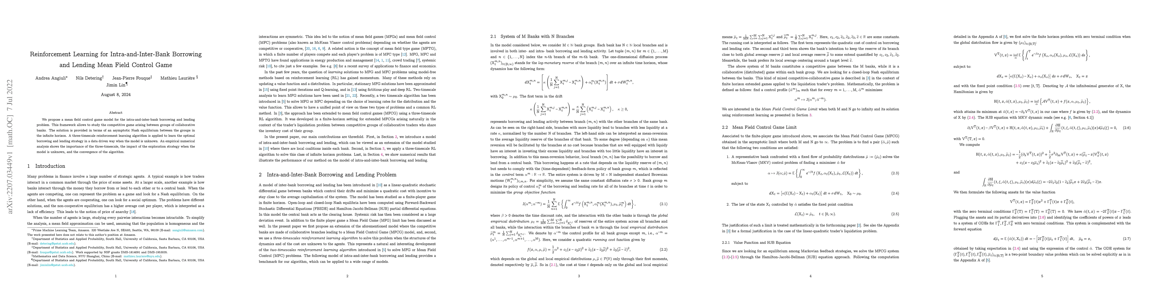 Thumbnail for Reinforcement Learning for Intra-and-Inter-Bank Borrowing and Lending
  Mean Field Control Game