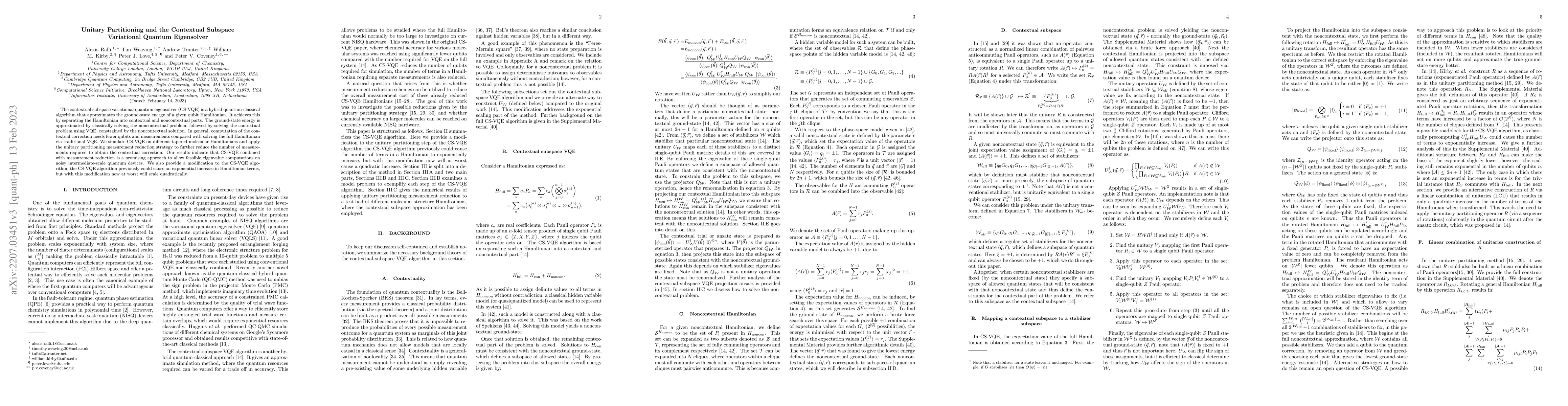 Thumbnail for Unitary Partitioning and the Contextual Subspace Variational Quantum
  Eigensolver