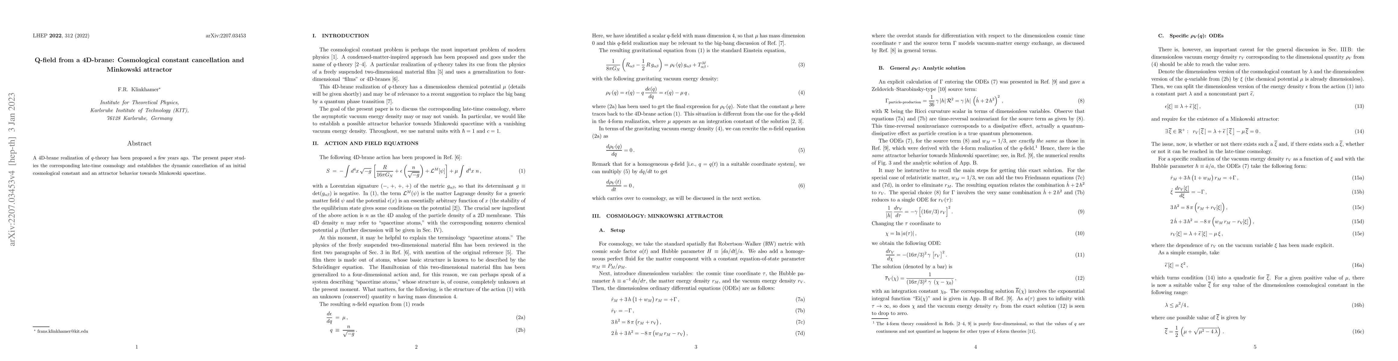 Thumbnail for Q-field from a 4D-brane: Cosmological constant cancellation and
  Minkowski attractor