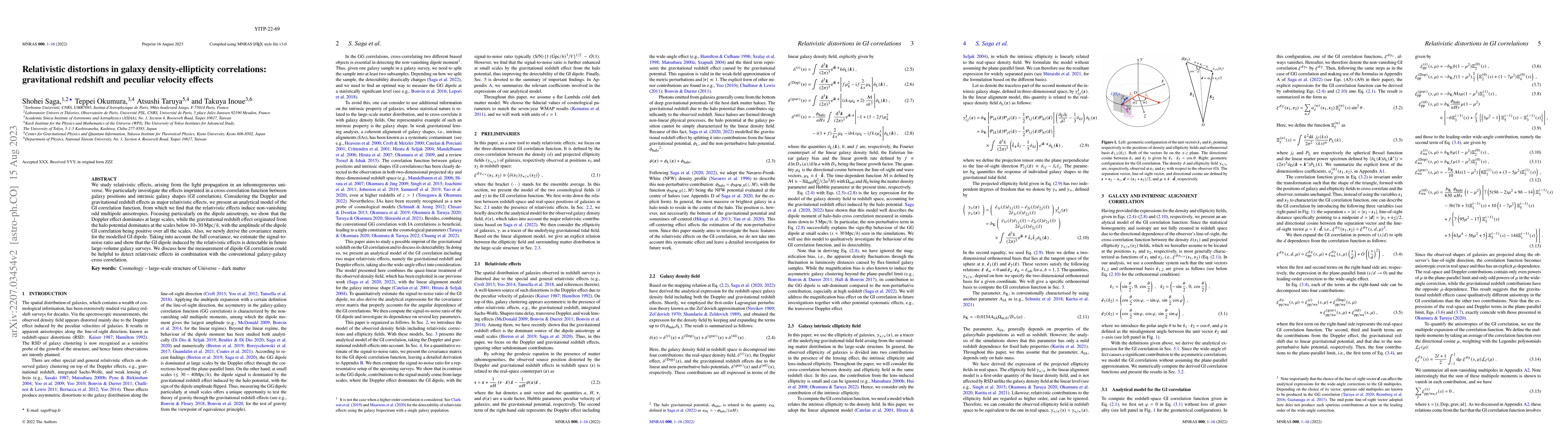Thumbnail for Relativistic distortions in galaxy density-ellipticity correlations:
  gravitational redshift and peculiar velocity effects