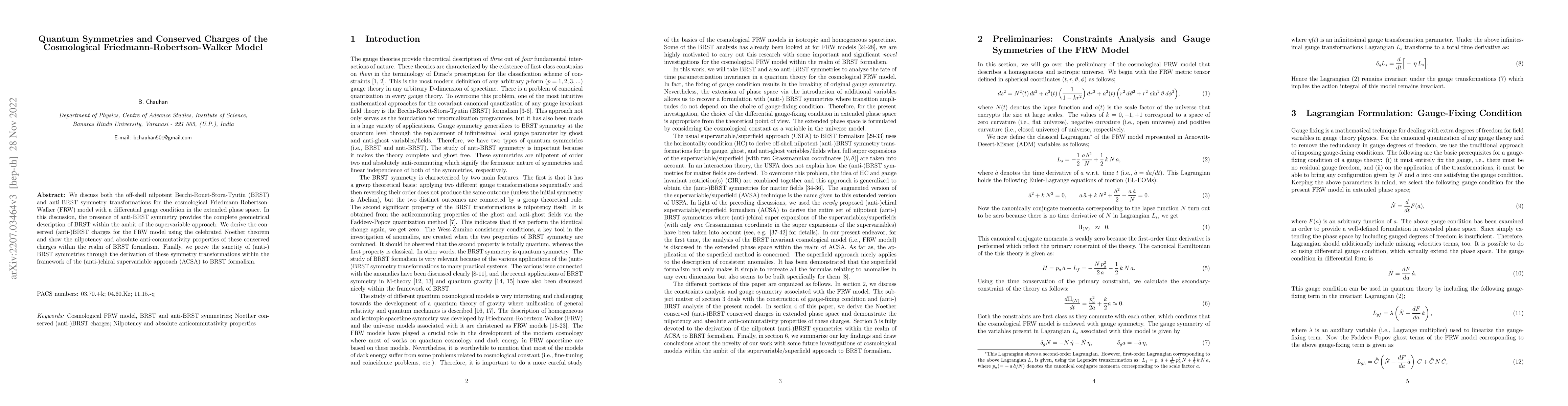 Thumbnail for Quantum Symmetries and Conserved Charges of the Cosmological
  Friedmann-Robertson-Walker Model