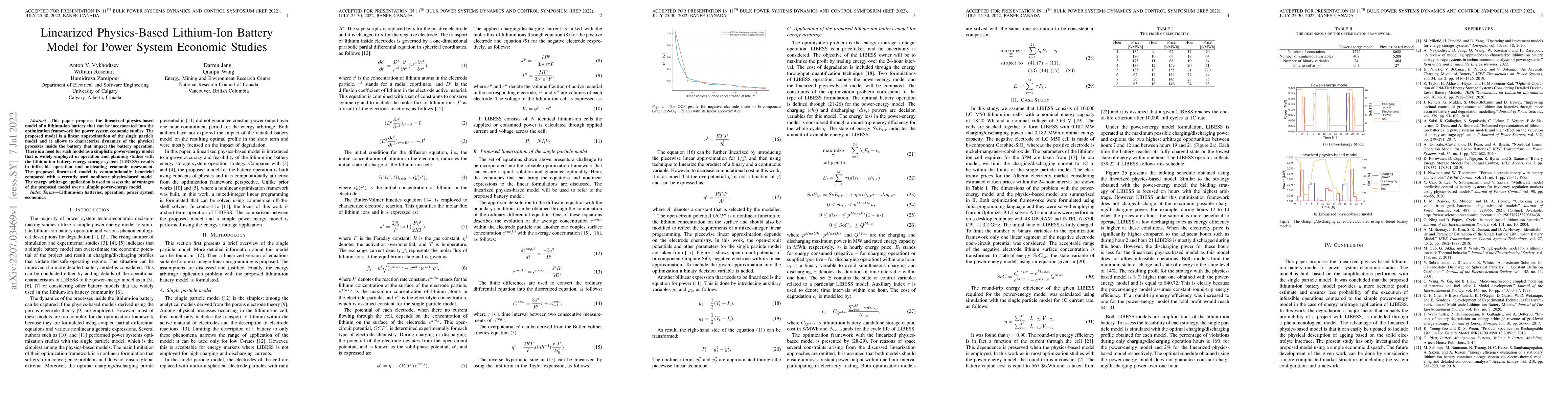 Thumbnail for Linearized Physics-Based Lithium-Ion Battery Model for Power System
  Economic Studies