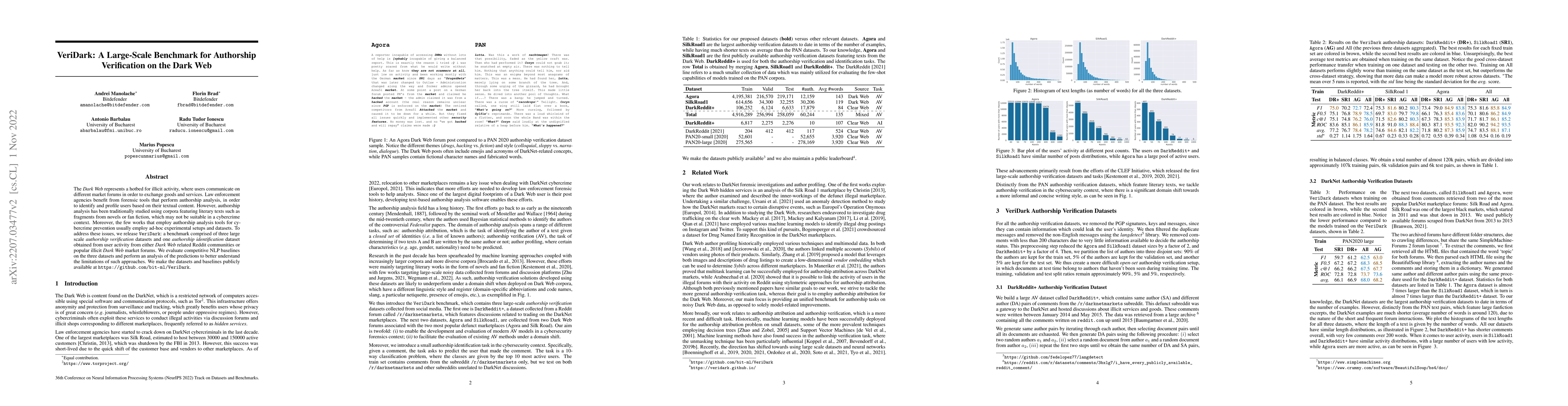 Thumbnail for VeriDark: A Large-Scale Benchmark for Authorship Verification on the
  Dark Web