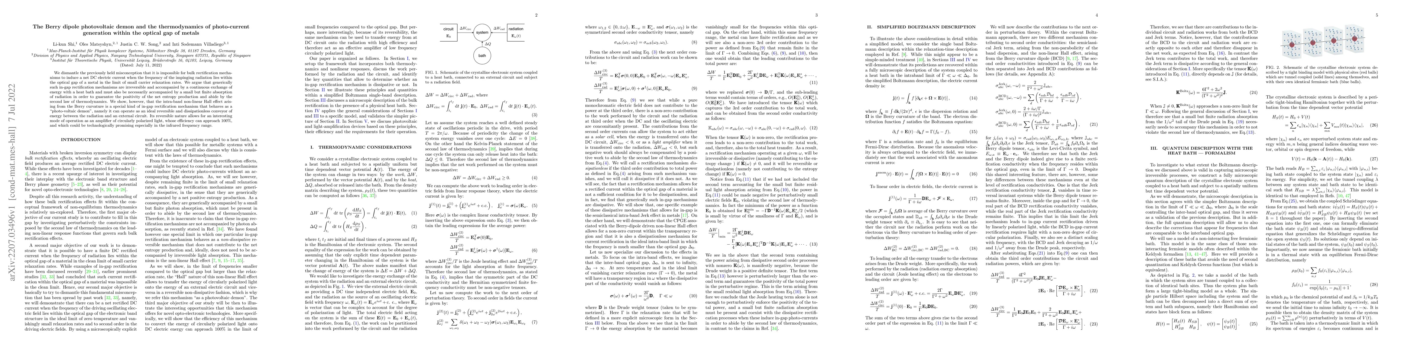 Thumbnail for The Berry dipole photovoltaic demon and the thermodynamics of
  photo-current generation within the optical gap of metals