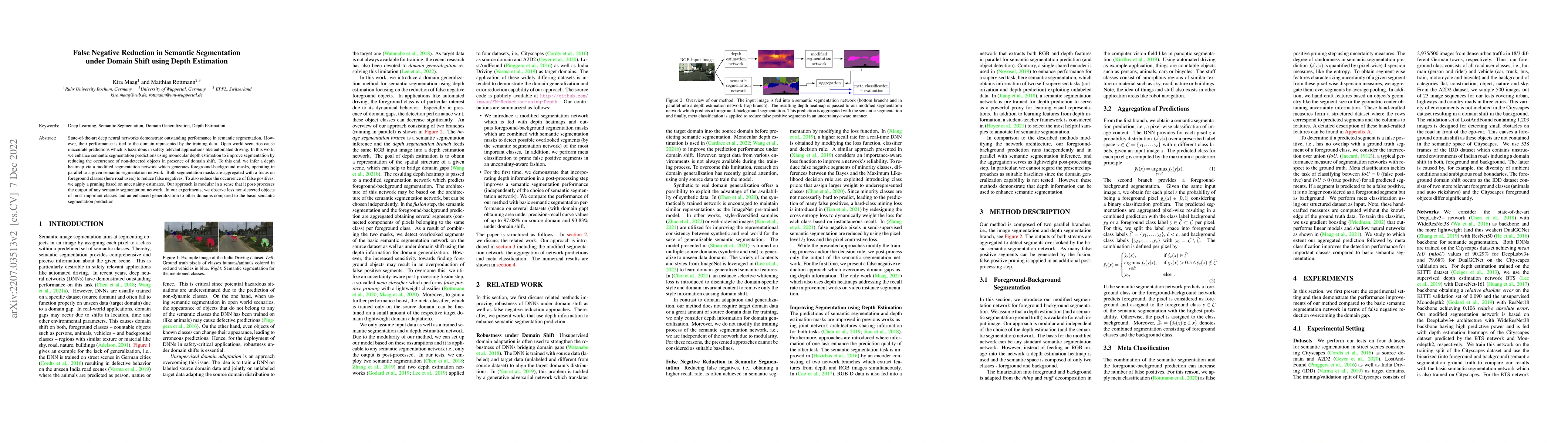 Thumbnail for False Negative Reduction in Semantic Segmentation under Domain Shift
  using Depth Estimation