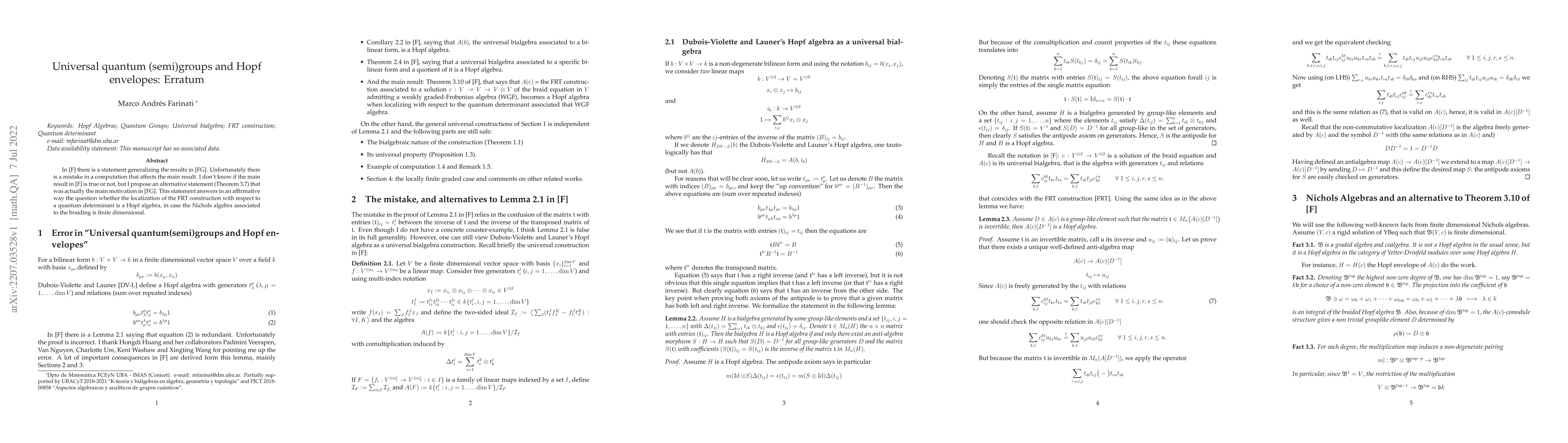 Thumbnail for Universal quantum (semi)groups and Hopf envelopes: Erratum