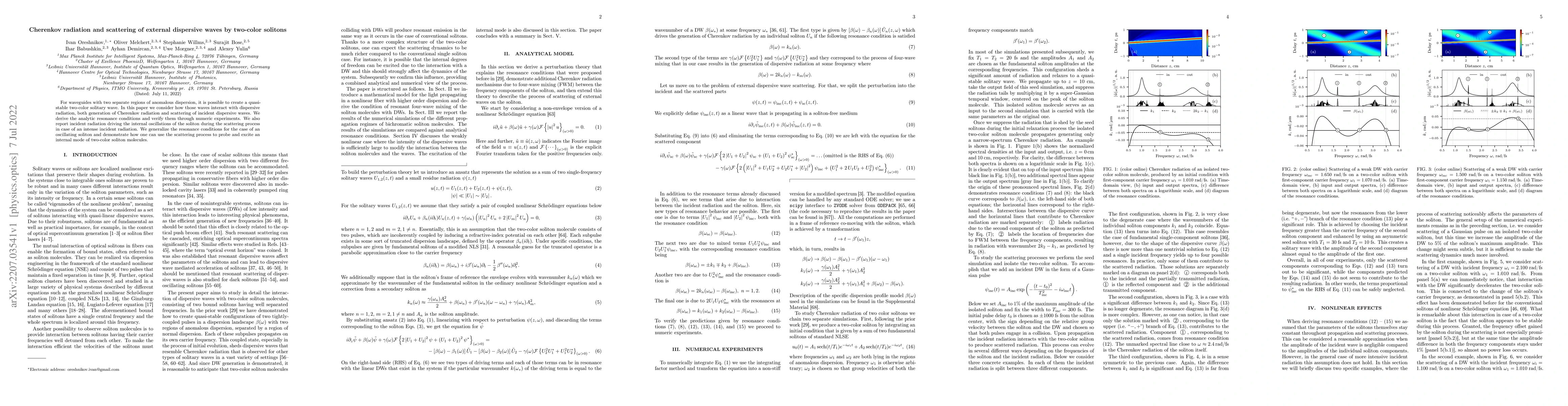 Thumbnail for Cherenkov radiation and scattering of external dispersive waves by
  two-color solitons