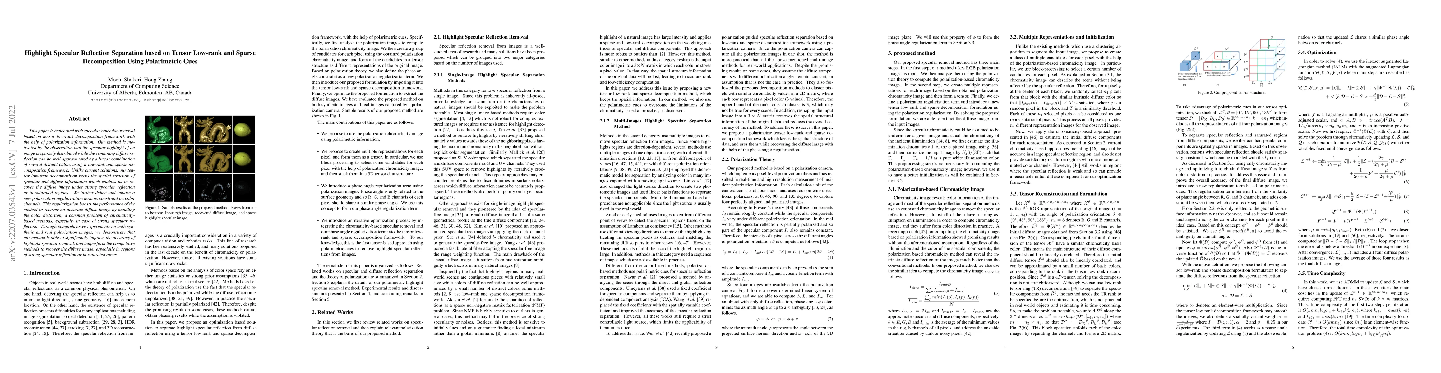 Thumbnail for Highlight Specular Reflection Separation based on Tensor Low-rank and
  Sparse Decomposition Using Polarimetric Cues