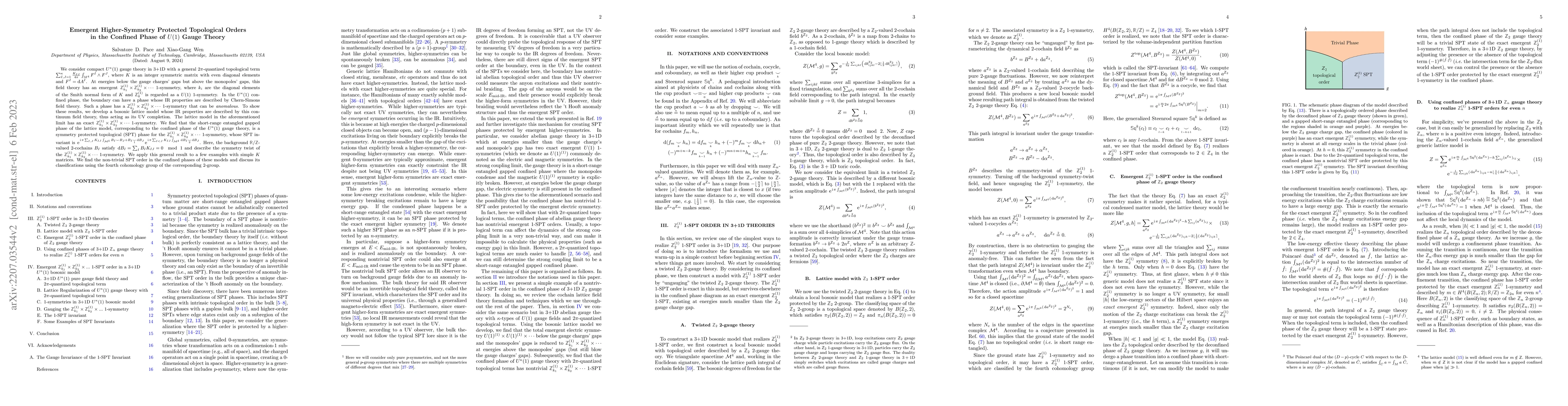 Thumbnail for Emergent higher-symmetry protected topological orders in the confined
  phase of $U(1)$ gauge theory