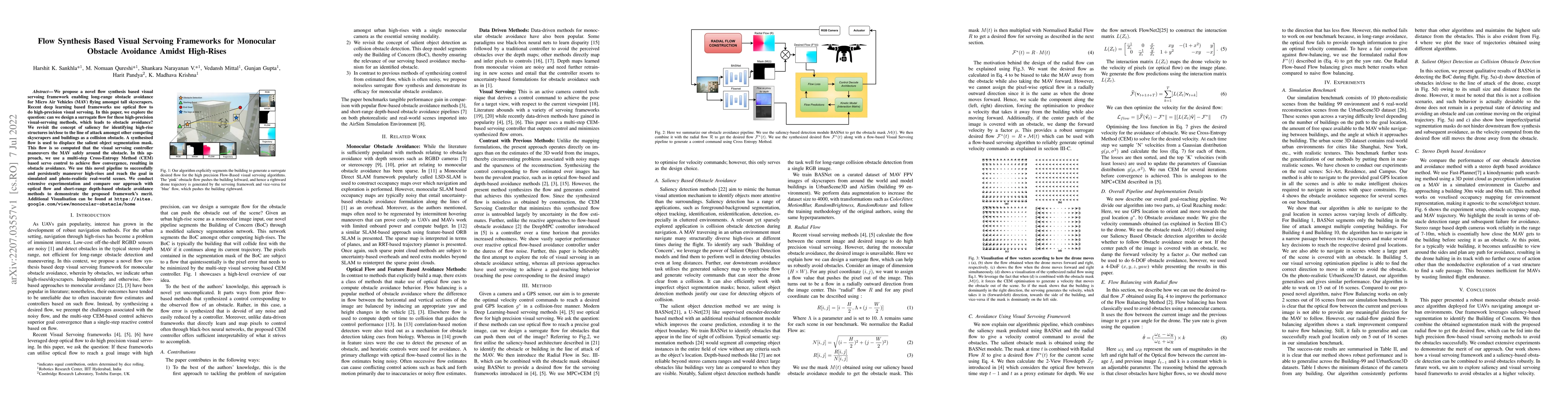 Thumbnail for Flow Synthesis Based Visual Servoing Frameworks for Monocular Obstacle
  Avoidance Amidst High-Rises
