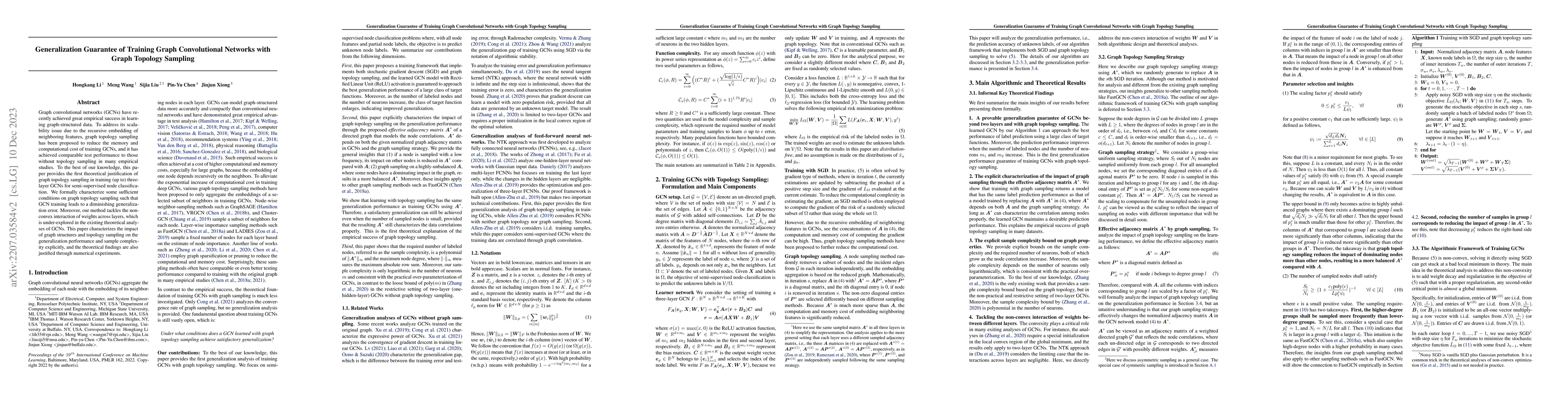 Thumbnail for Generalization Guarantee of Training Graph Convolutional Networks with
  Graph Topology Sampling