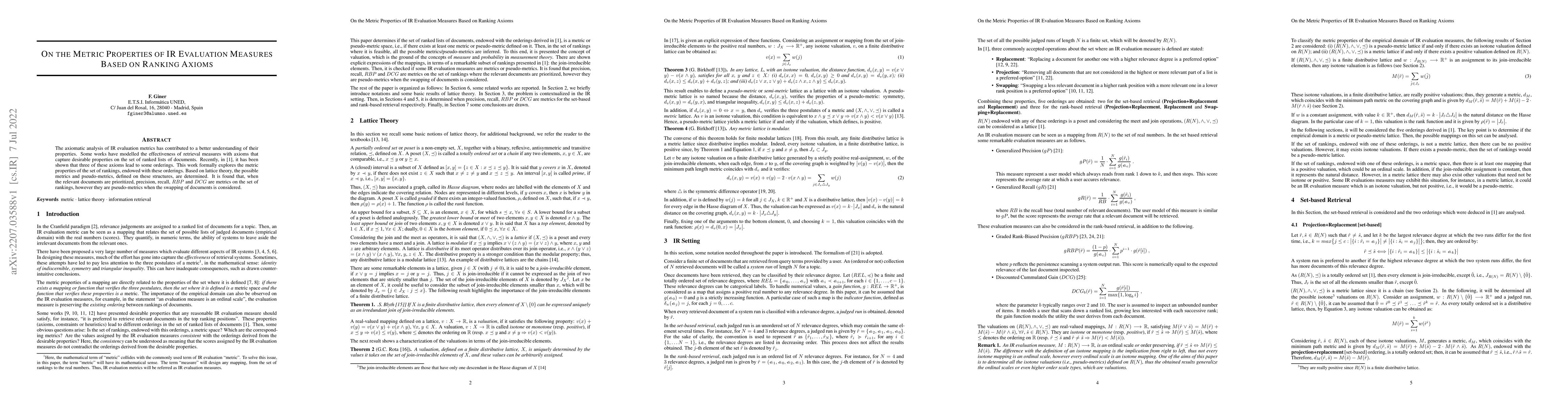 Thumbnail for On the Metric Properties of IR Evaluation Measures Based on Ranking
  Axioms