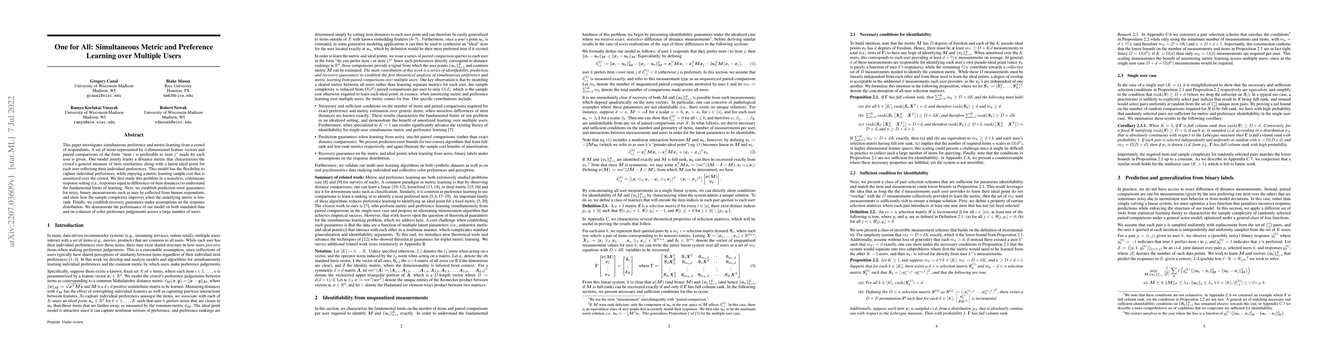 Thumbnail for One for All: Simultaneous Metric and Preference Learning over Multiple
  Users