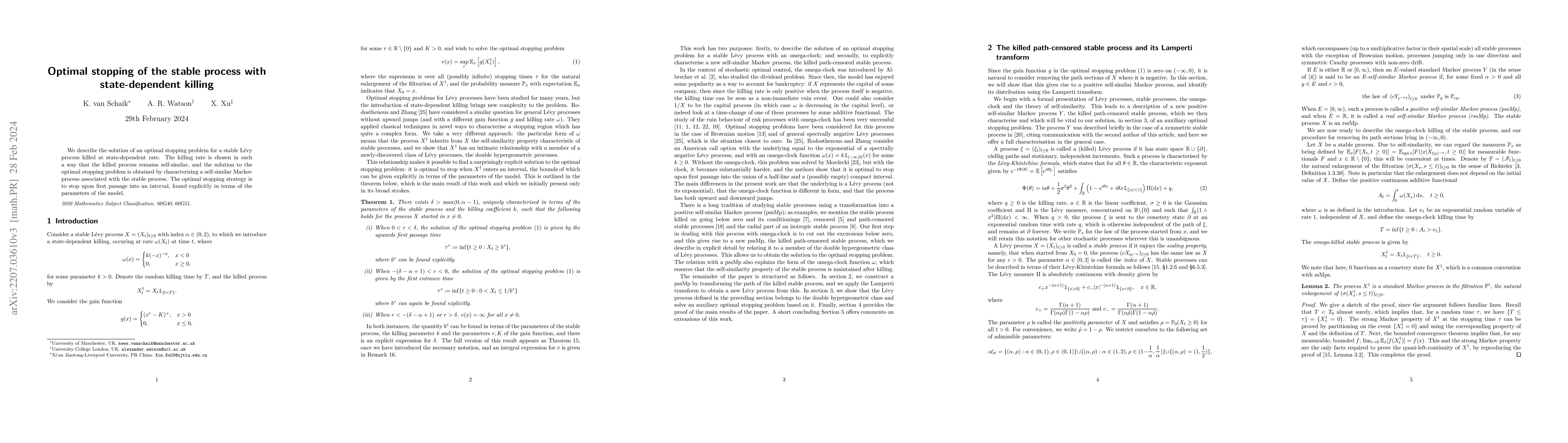 Thumbnail for Optimal stopping of the stable process with state-dependent killing