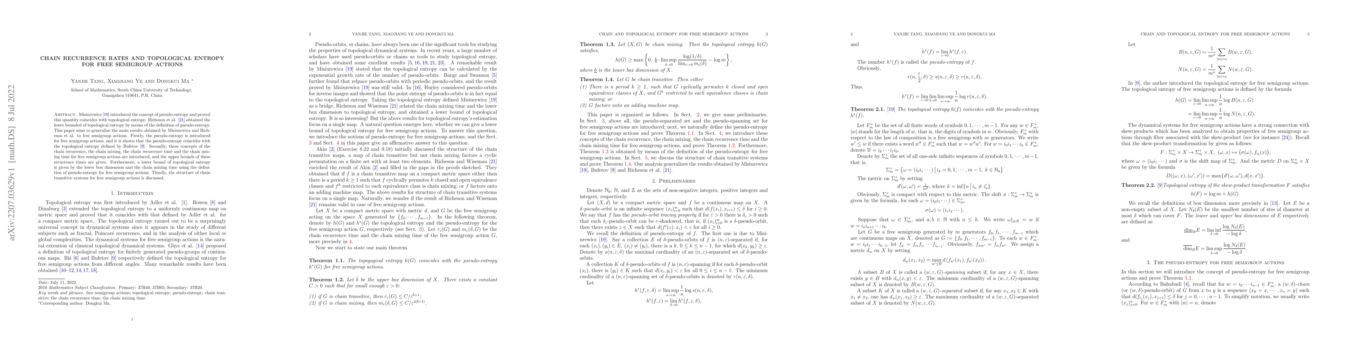 Thumbnail for Chain recurrence rates and topological entropy for free semigroup
  actions